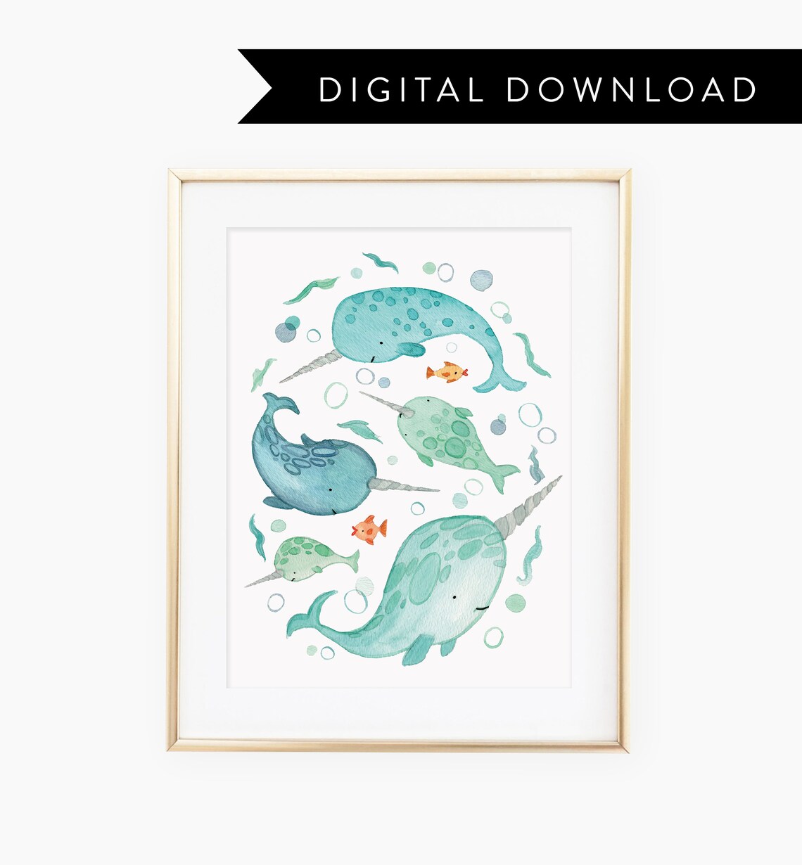 Narwhal and Whale Watercolor Sea Life Nursery Kids Room Poster