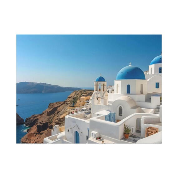 Santorini Blue Domed Churches White Village Aegean Sea Greece Poster