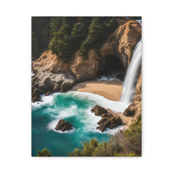 Ocean Waterfall Cascading onto a Sandy Beach Cove Fine Art Poster