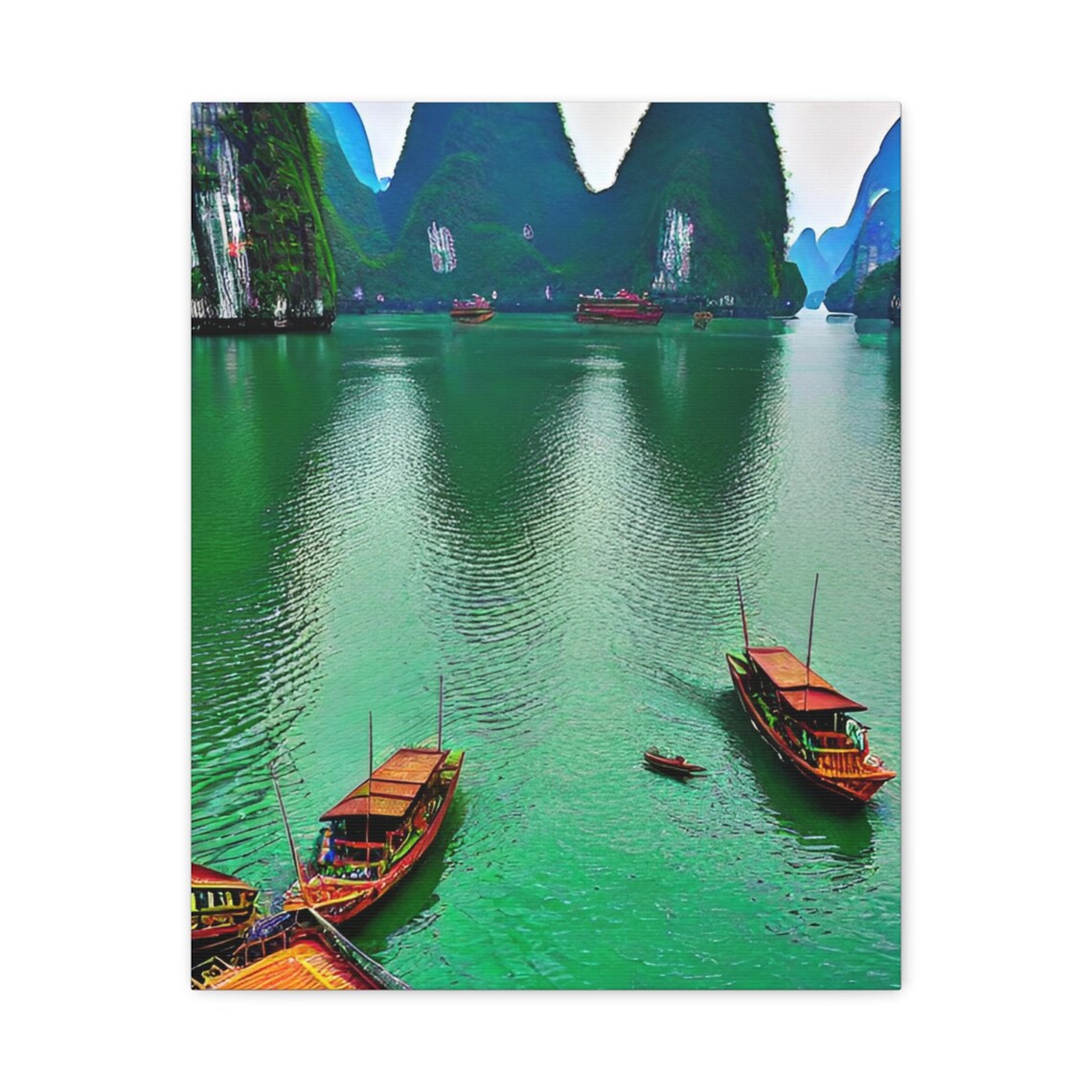 Ha Long Bay Boats Emerald Water Karst Cliffs Vietnam Seascape Poster