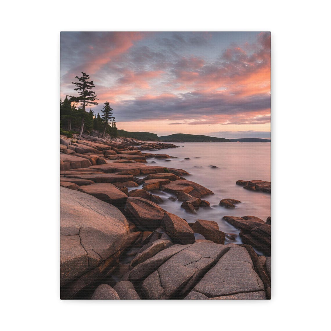 Rocky Coastal Sunset Pink Sky Waves Ocean Shoreline Seascape Poster