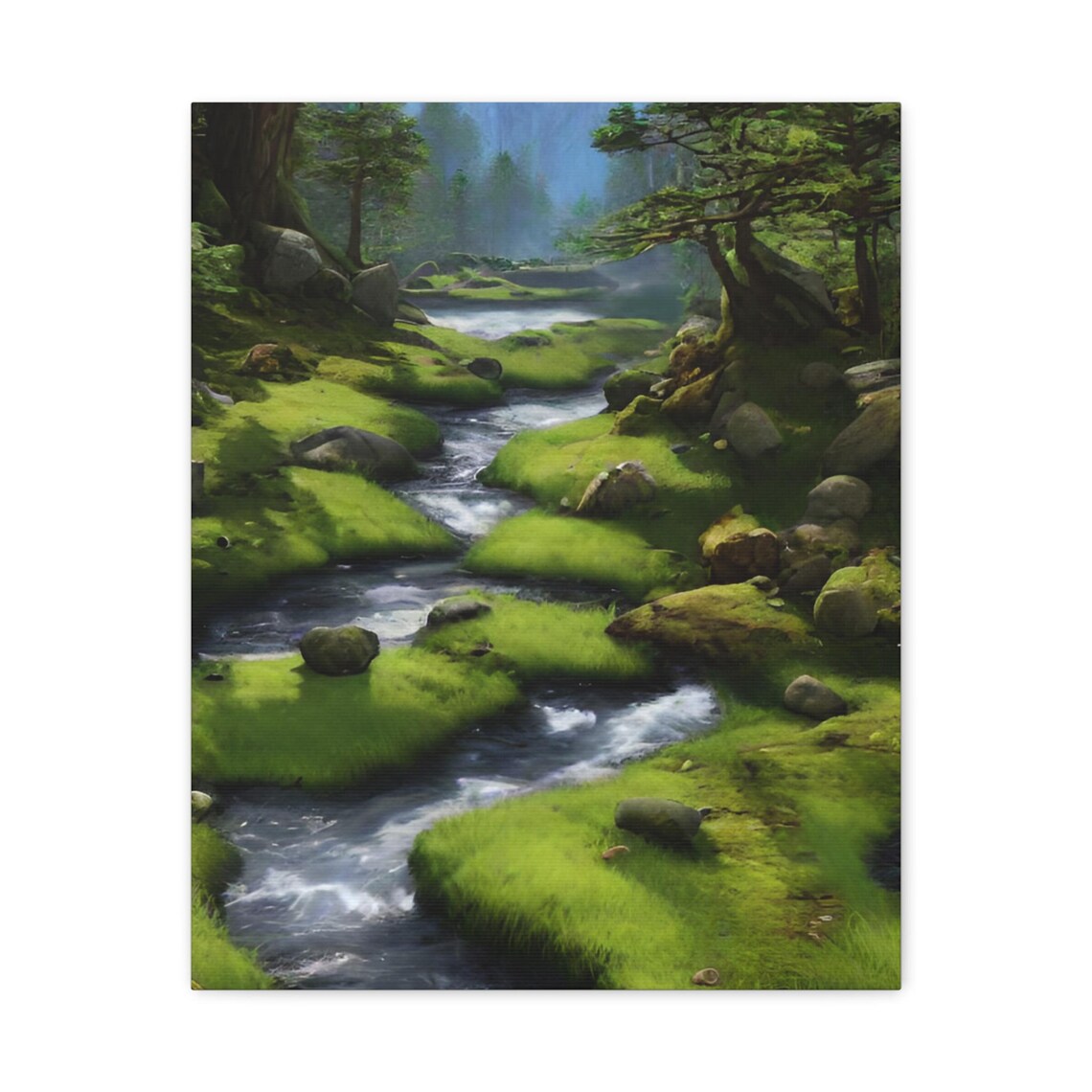 Green Mossy Forest Stream Peaceful Sunlight Woodland Nature Wall Art
