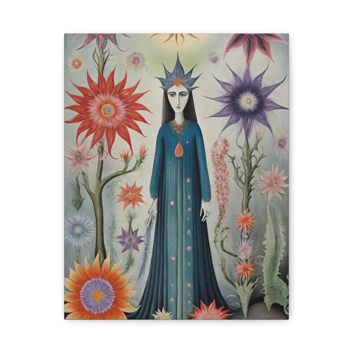 Floral Goddess in Blue Gown Among Giant Fantasy Flowers Poster