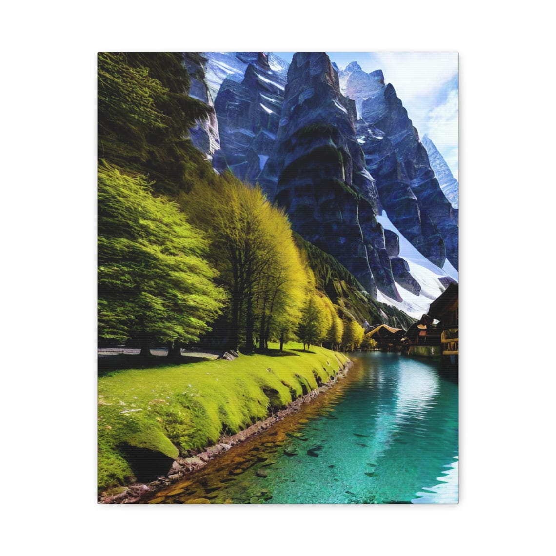 Alpine Mountain Lake Turquoise Water Snow Peaks Village Poster