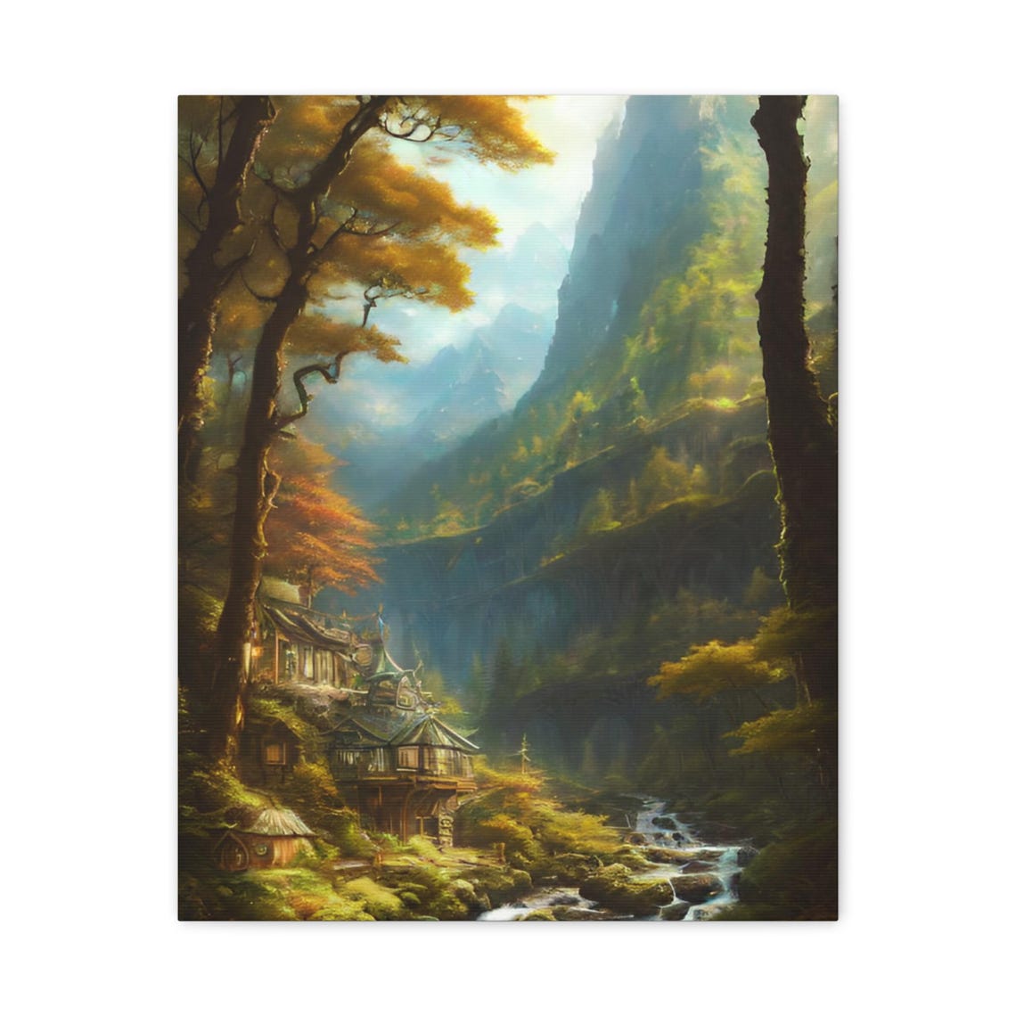 Mountain Cabin by Golden Stream Autumn Forest Painting Poster