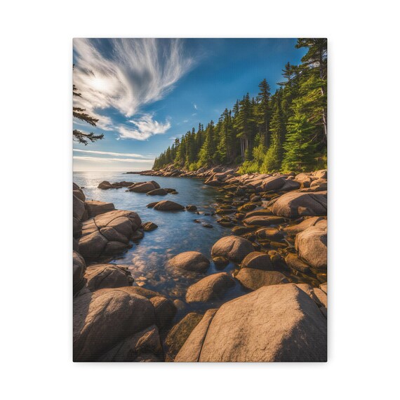 Rocky Boulders Evergreen Shore Serene Coastal Seascape Poster