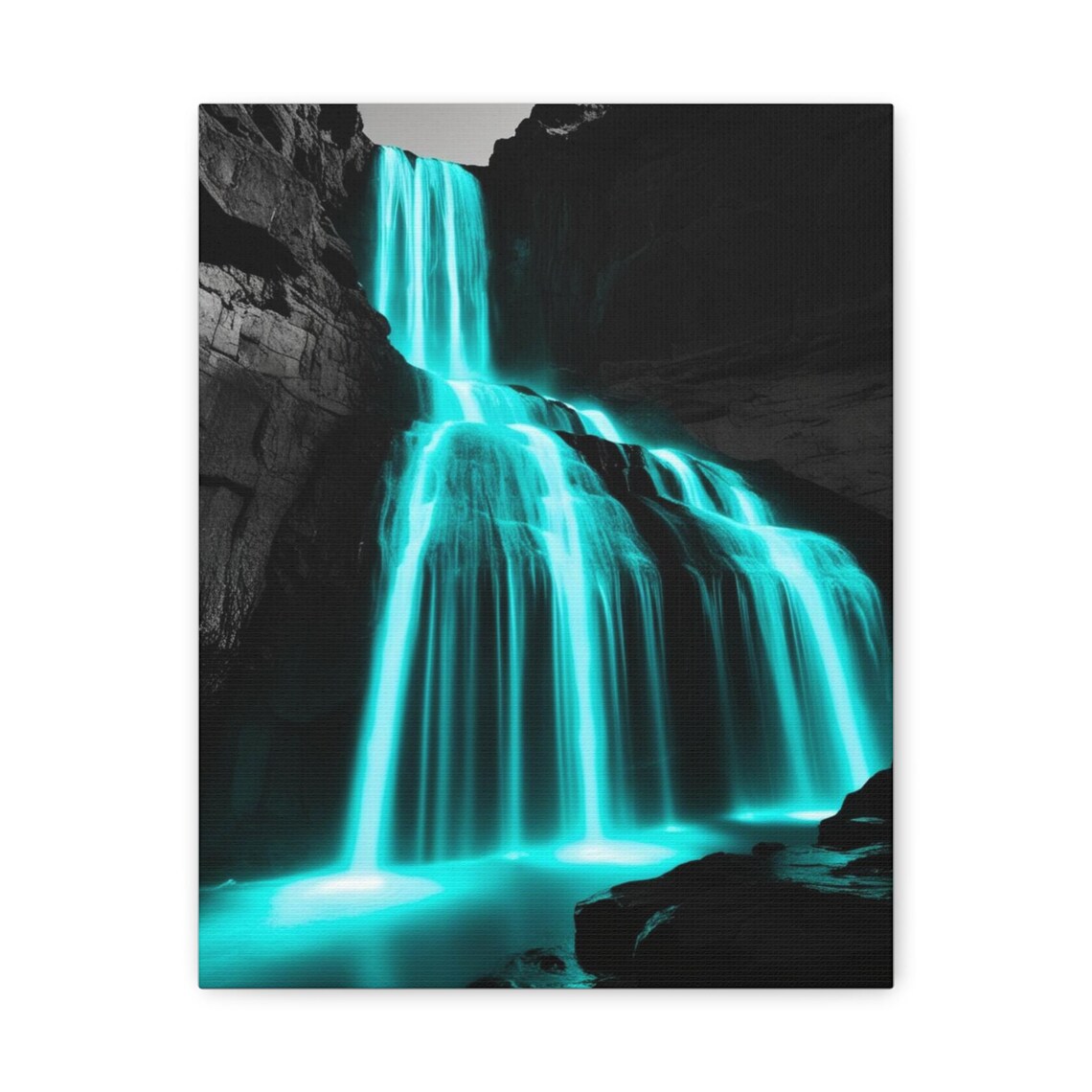 Turquoise Neon Waterfall Night Black Rocks Glowing Art Poster