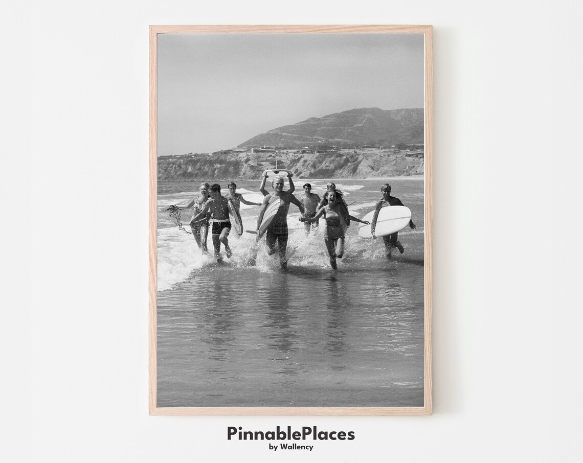 Vintage Surfers Black And White Photo Beach Art Print