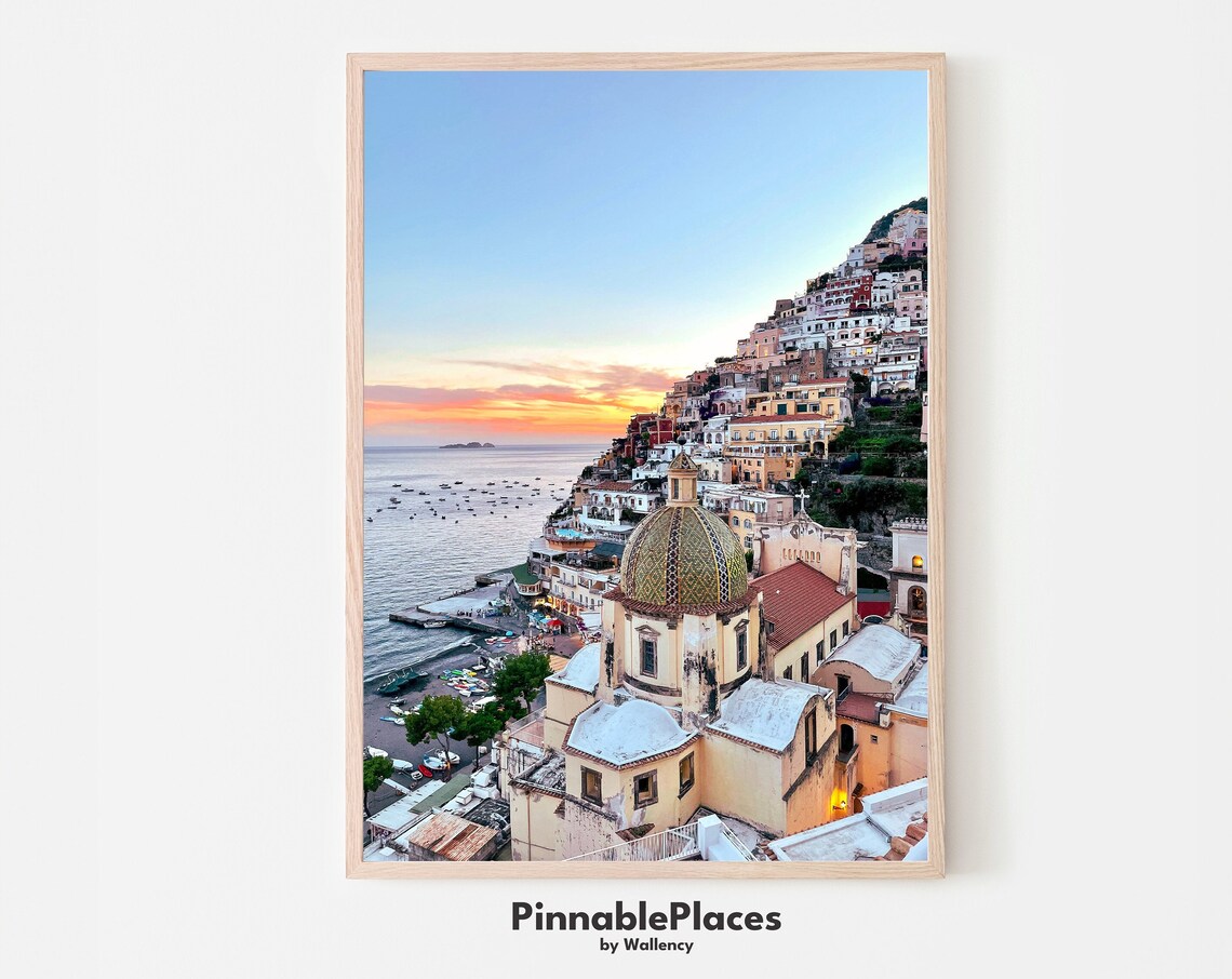 Positano Italy Sunset Coastal Town Church Dome Photography Poster
