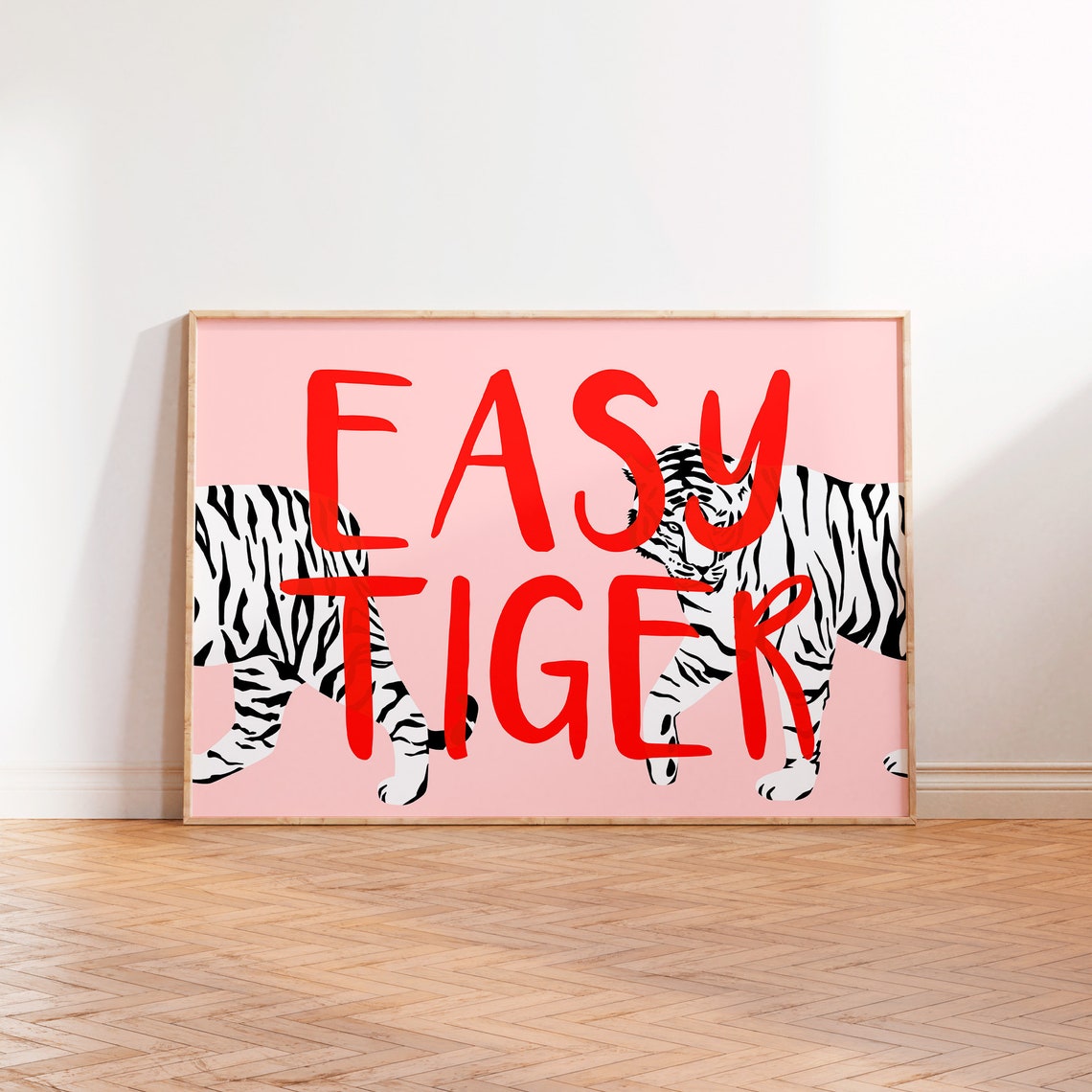 Easy Tiger Red Script White Tiger Illustration Pink Bedroom Poster