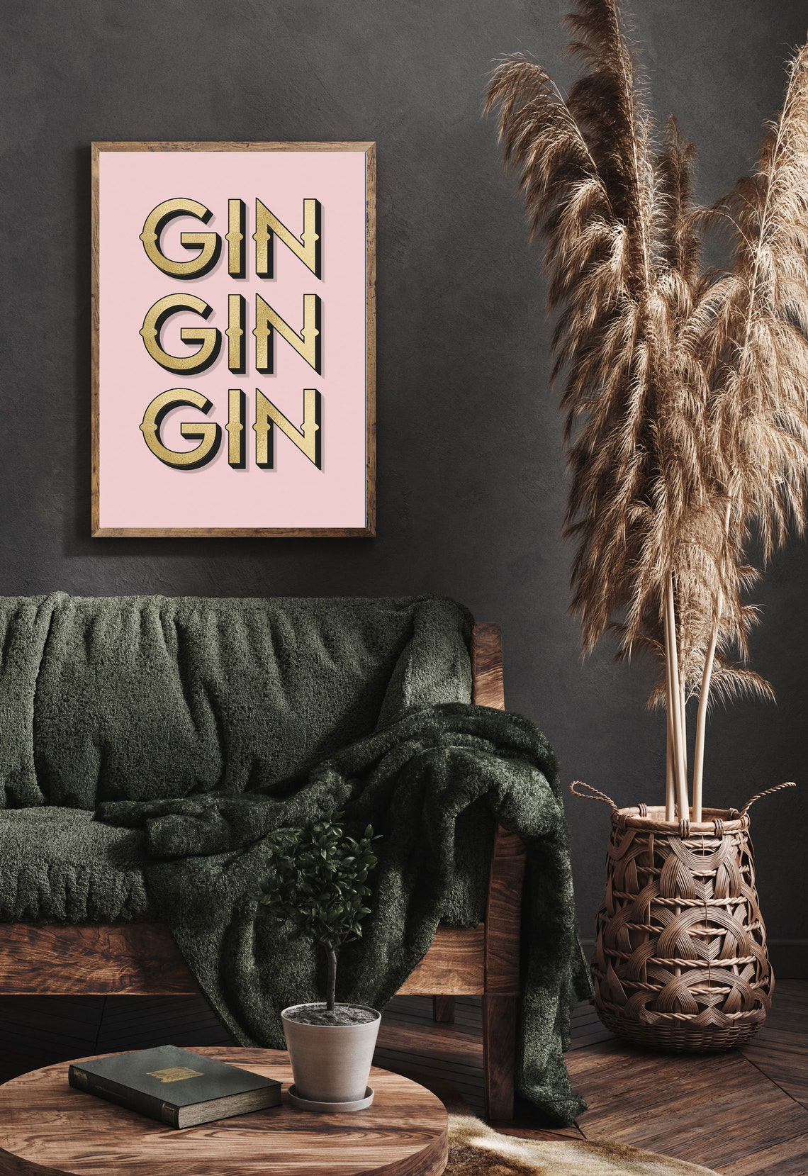 Gin Gin Gin Gold Foil Lettering Pink Home Bar Cocktail Poster - Image 2