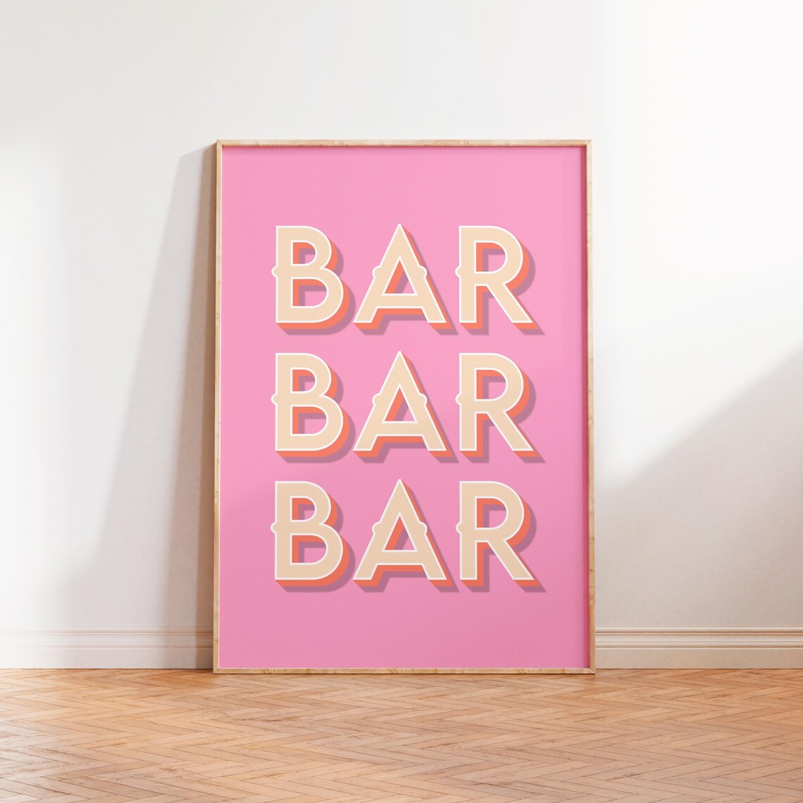 Bar Bar Bar Retro Cream Lettering Pink Home Bar Decor Poster