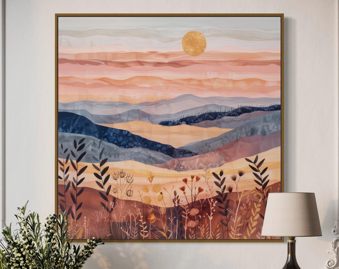 Boho Sunrise Over Rolling Hills Vibrant Mountain Print For Luxury Home Decor Minimalist Boho Wall Art Square Painting Print