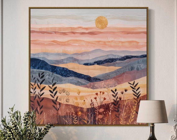 Boho Sunrise Over Rolling Hills Vibrant Mountain Print For Luxury Home Decor Minimalist Boho Wall Art Square Painting Print