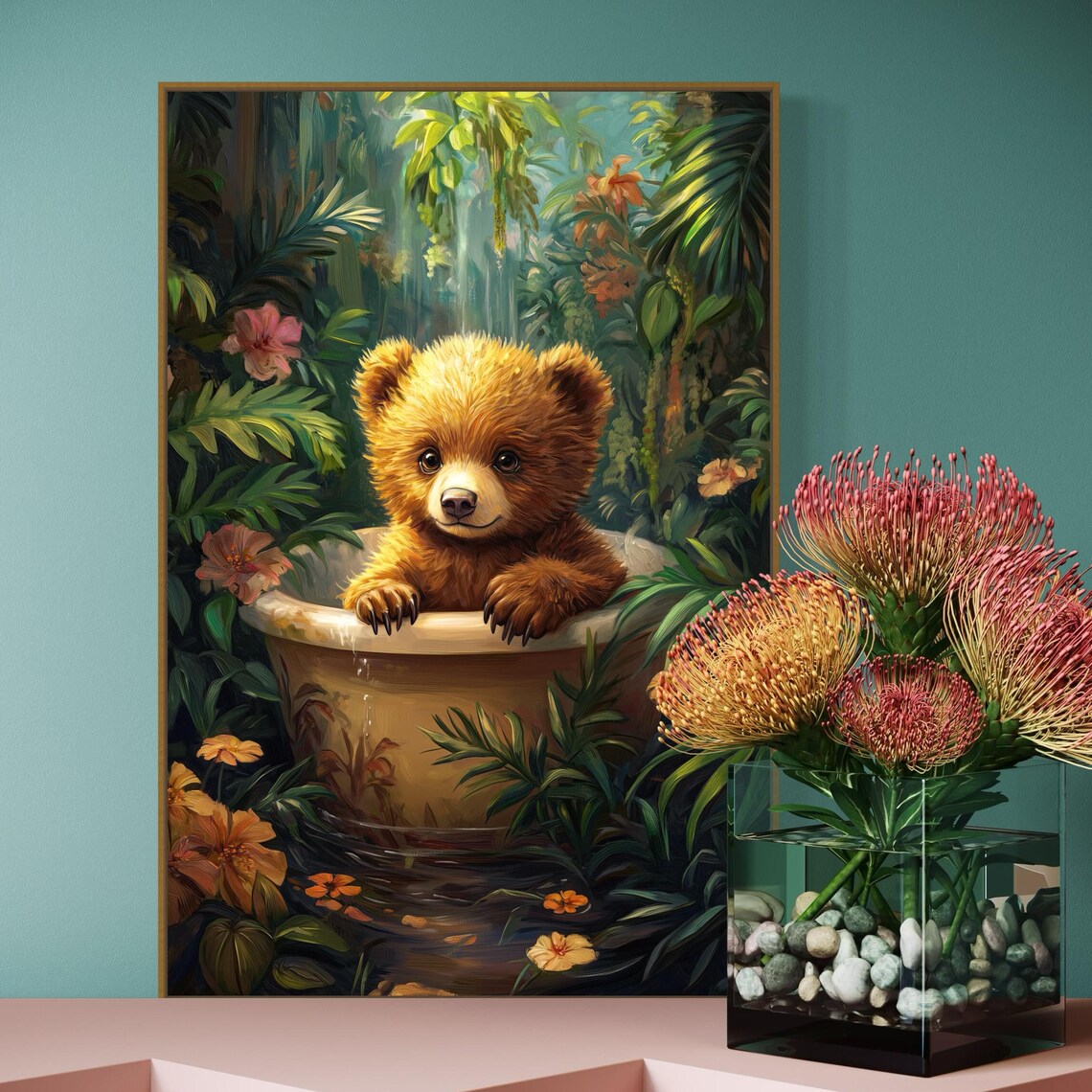 Baby Bear Cub Bath Time Tropical Jungle Flowers Whimsical Nursery Print