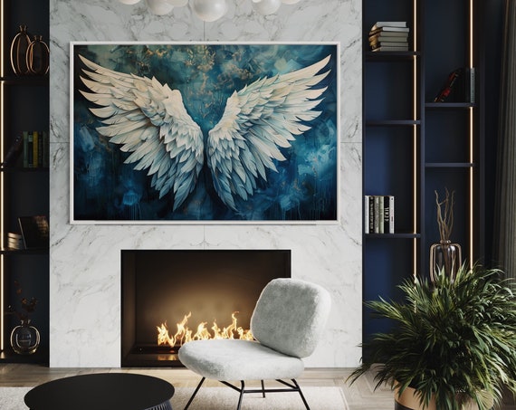Heavenly White Angel Wings Ethereal Modern Abstract Art Dark Blue Wall Art Peaceful Spiritual Art Print Elegant Celestial Decor