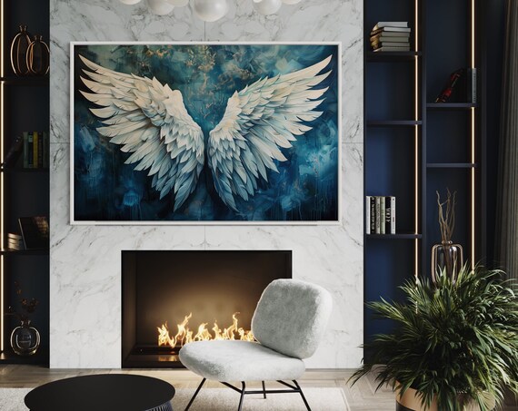 White Angel Wings Deep Blue Abstract Celestial Spiritual Art Print Wall Poster