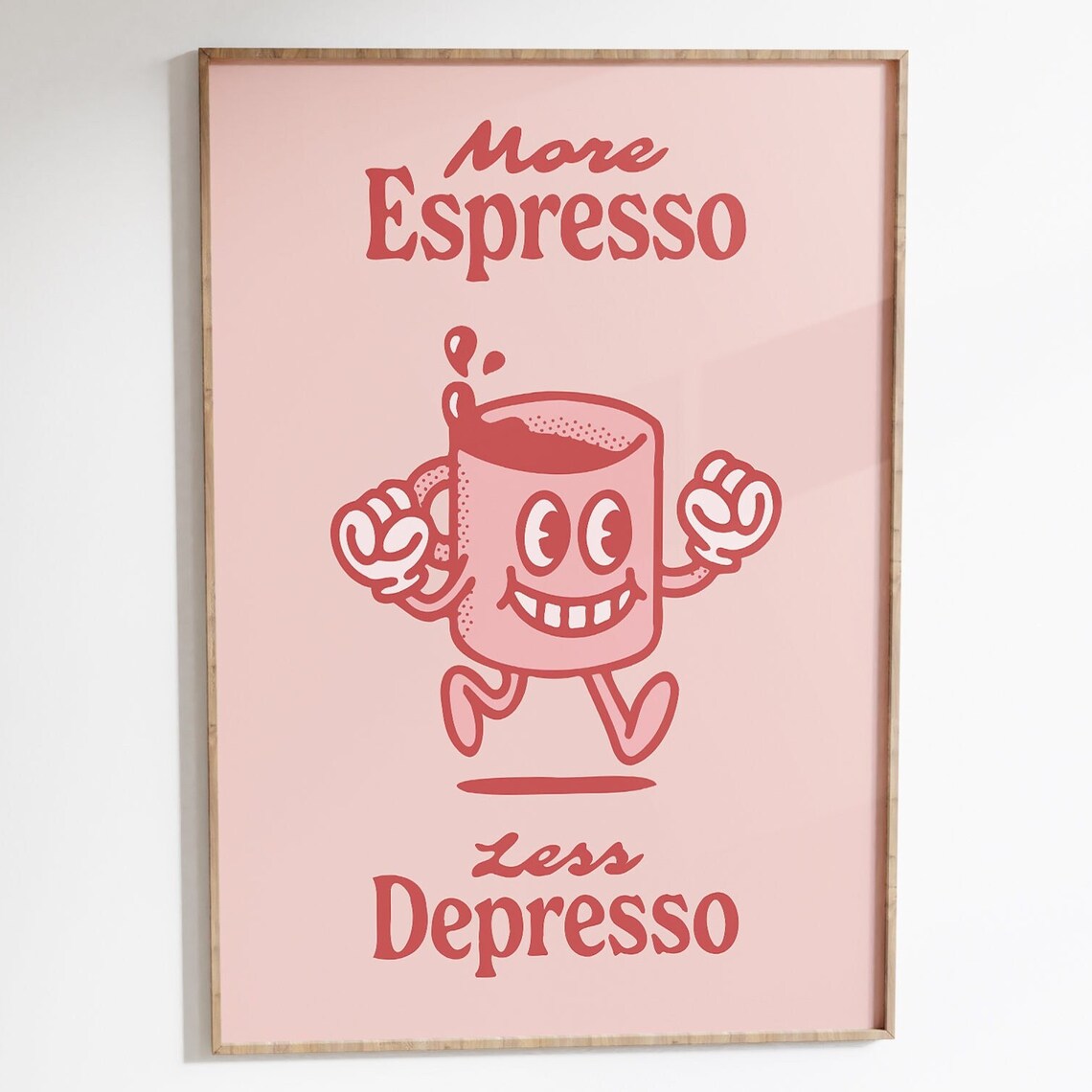 More Espresso Less Depresso Funny Retro Coffee Mascot Wall Art