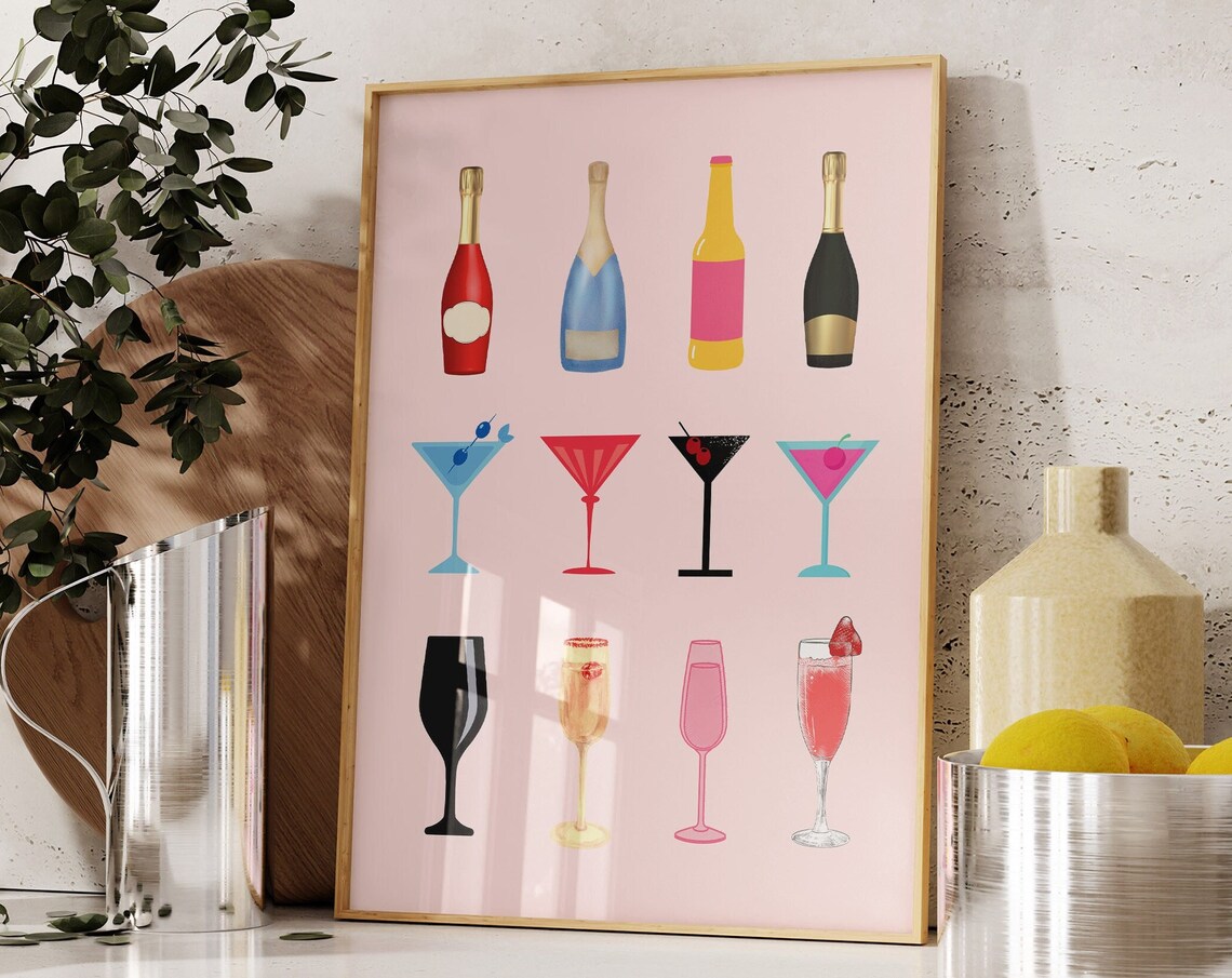 Colorful Champagne Bottles And Cocktail Glasses Grid On Pink Backdrop Poster