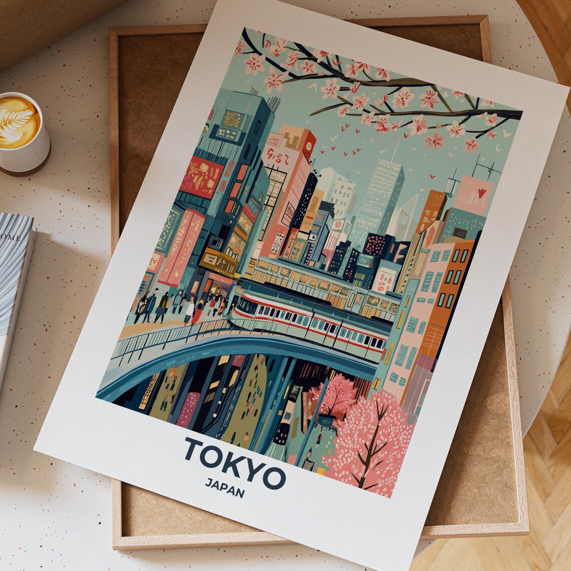Tokyo Elevated Train Neon City Cherry Blossom Night Japan Poster