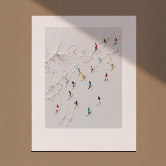 Minimalist Skiers White Mountain Winter Ski Resort Snow Poster