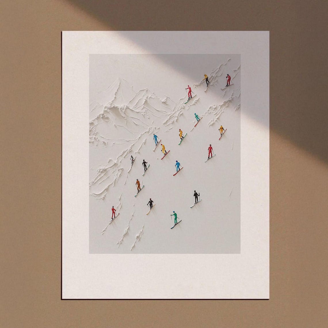 Tiny People Skiing In Snowy Mountains Winter Poster Acrylic Ski Print Minimalist Wall Art Abstract Landscape Painting