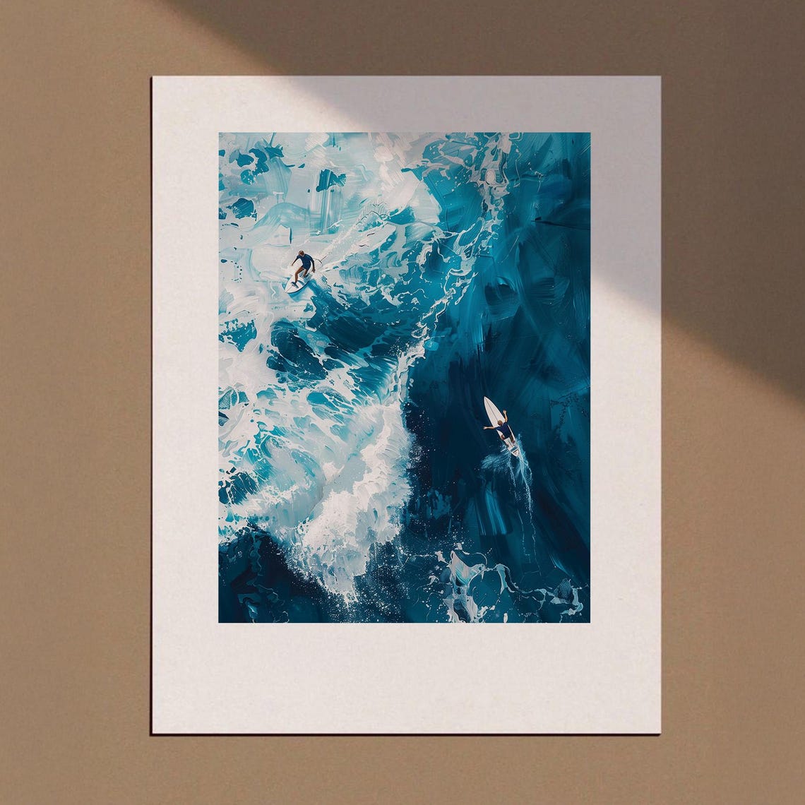 Aerial Surfers Riding Blue Ocean Wave Painterly Surf Art Print