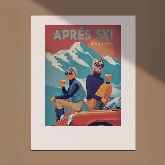 Retro Apres Ski Print Magazine Cover Winter Bar Cart Trendy Newspapers Poster Vintage Fashion Photo