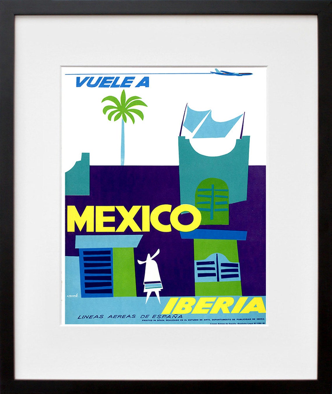 Vuele a Mexico Iberia Vintage Airline Travel Poster Modernist Palm - Image 2