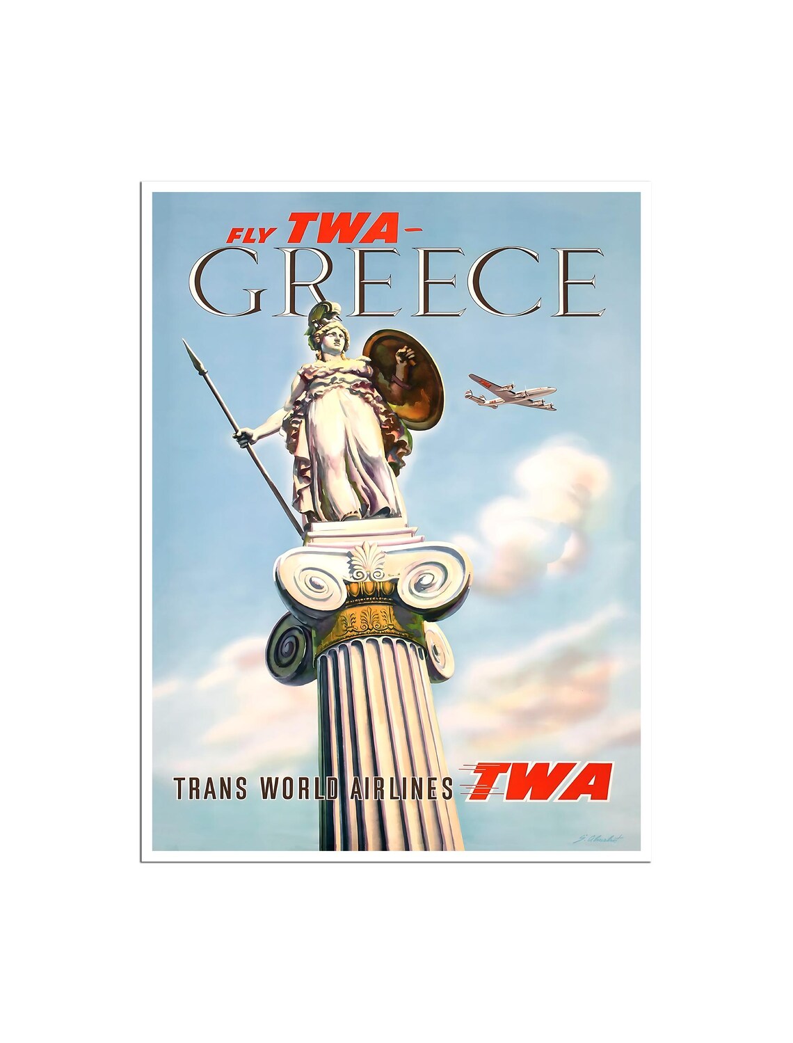 Greece Athena Goddess Statue Column Fly TWA Vintage Travel Poster