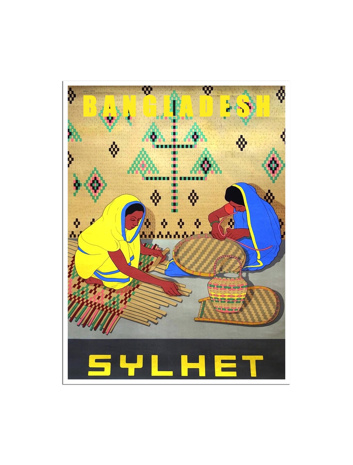 Sylhet Bangladesh Basket Weavers Woven Craft Vintage Travel Poster