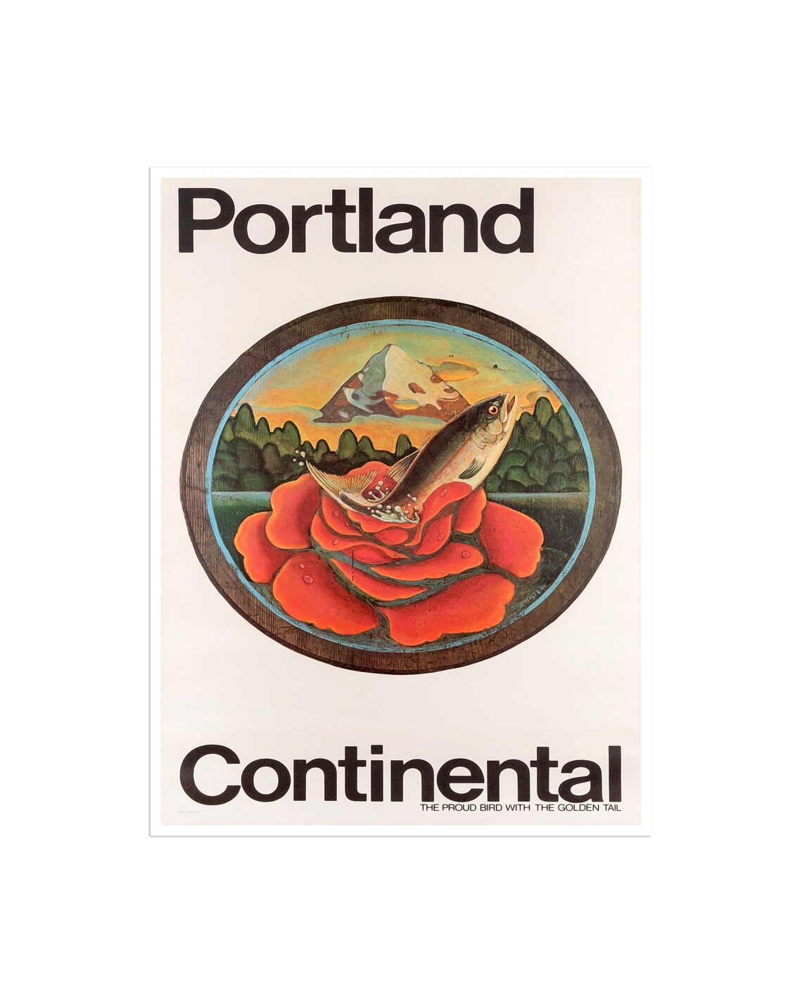 Portland Vintage Continental Airline Poster with Salmon and Rose
