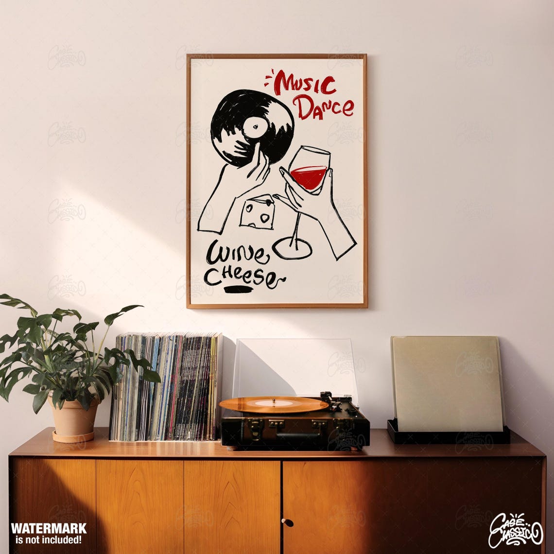 Music Dance Wine Cheese Fun Hand Drawn Kitchen Bar Cart Poster - Image 3