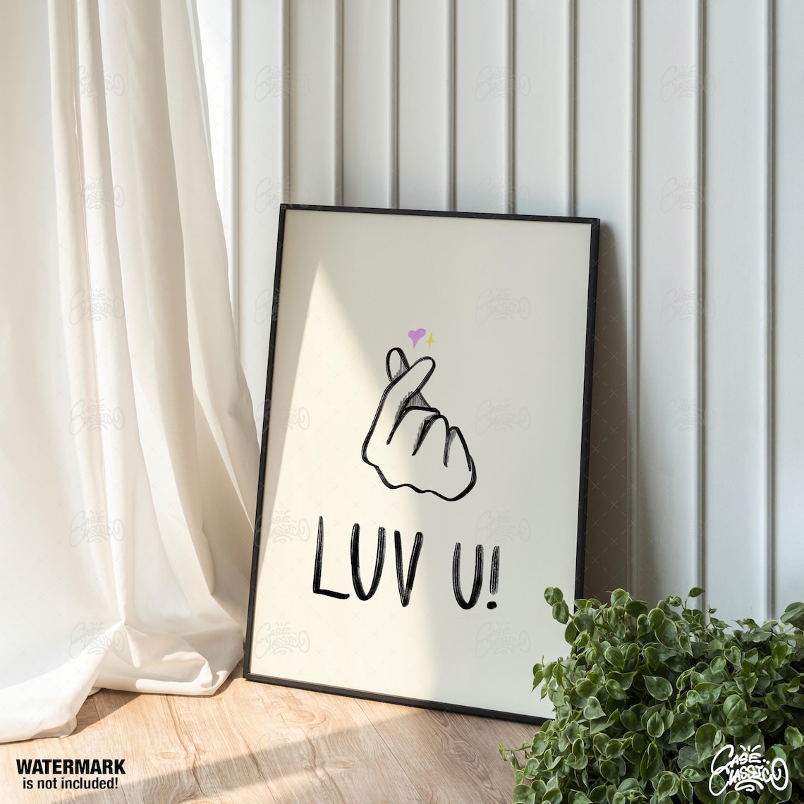 Luv U Korean Finger Heart Sketch Indie Line Art Romantic Love Quote Poster