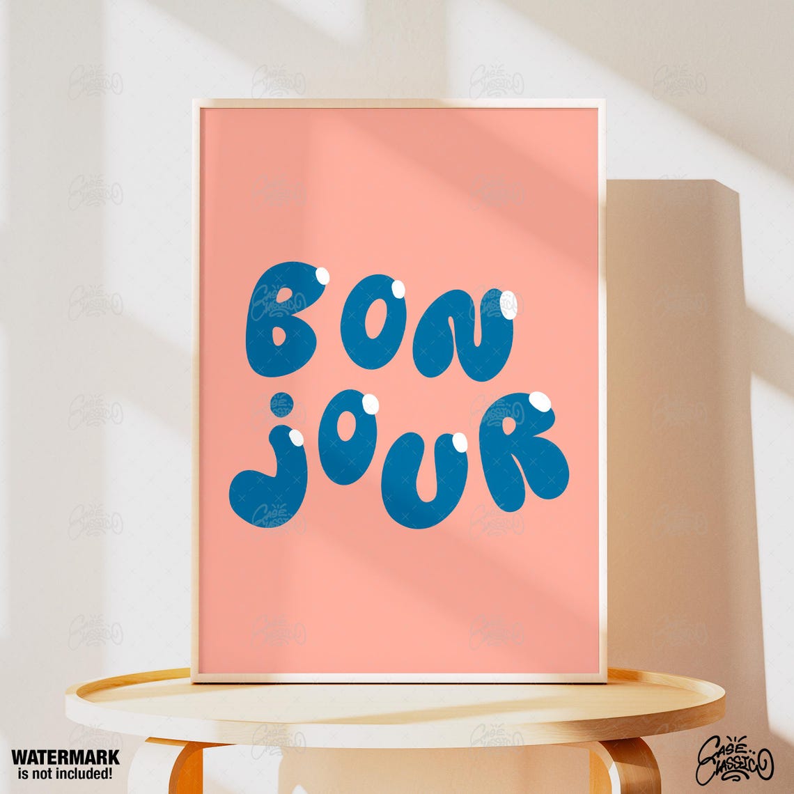 Bonjour Blue Puffy Bubble Letters Coral Retro French Quote Poster - Image 4