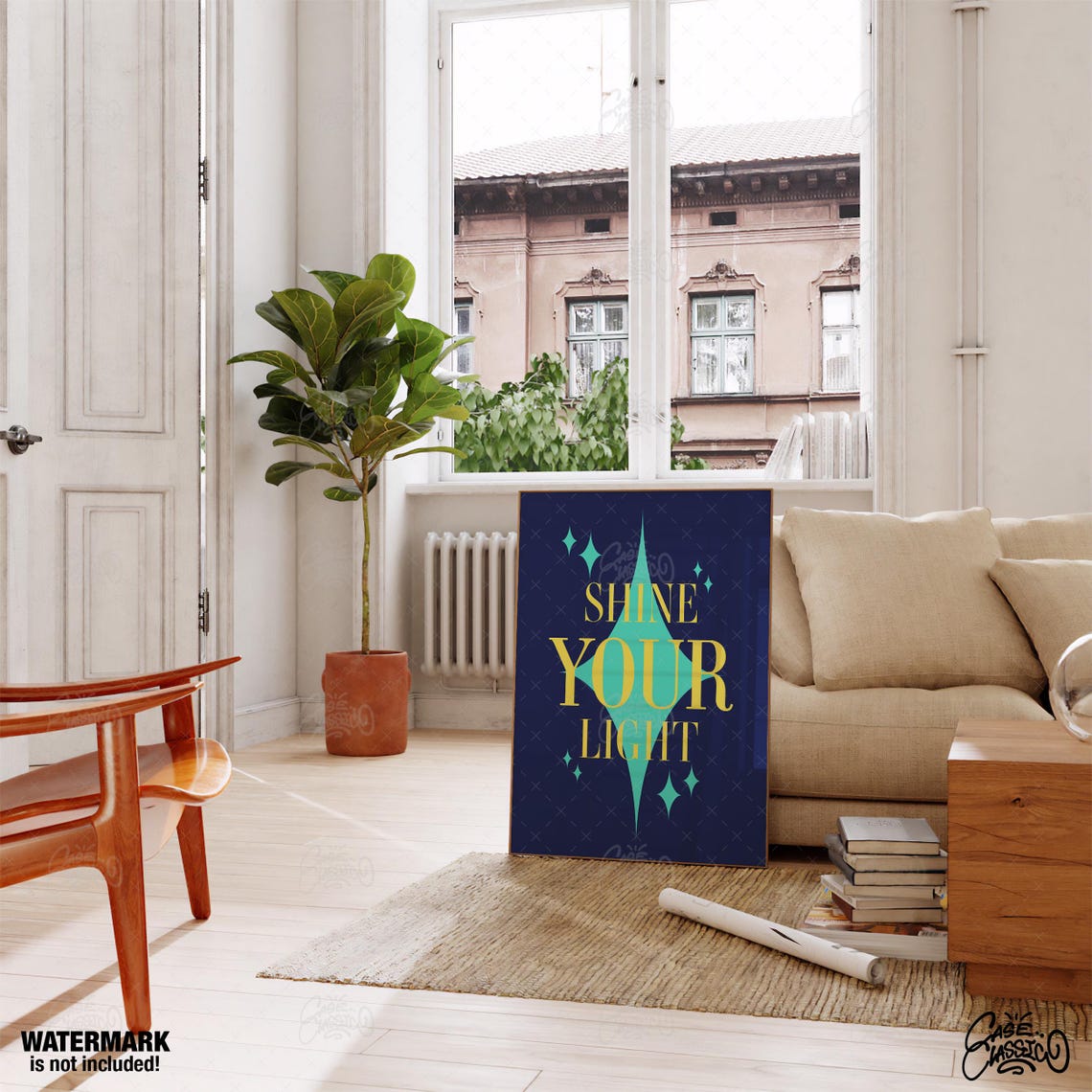 Shine Your Light Starry Night Poster in Gold on Deep Navy Background - Image 2