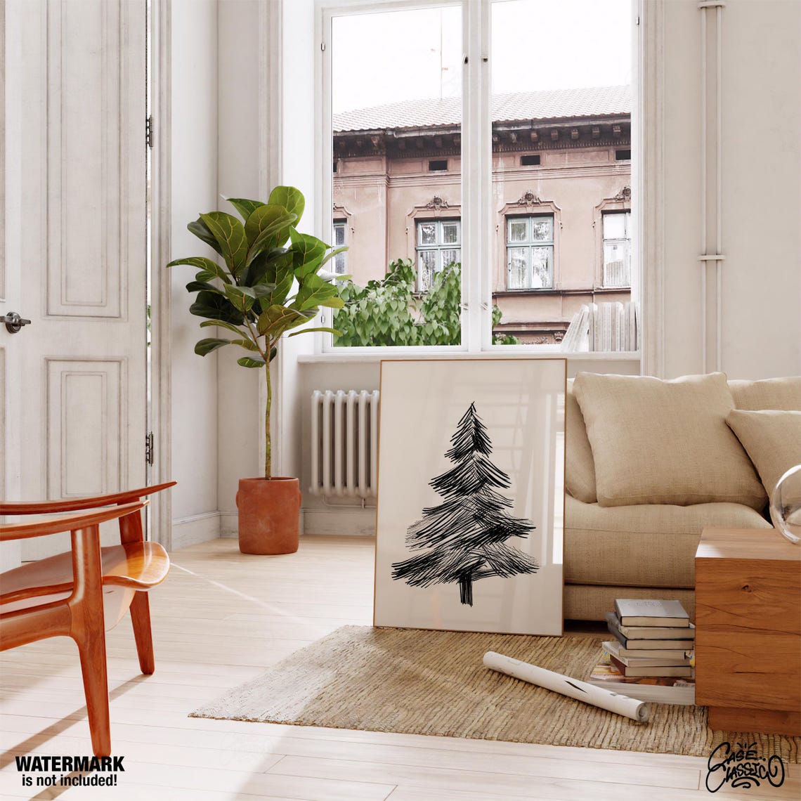 Simple Black Brush Stroke Pine Tree Minimalist Winter Wall Art - Image 3