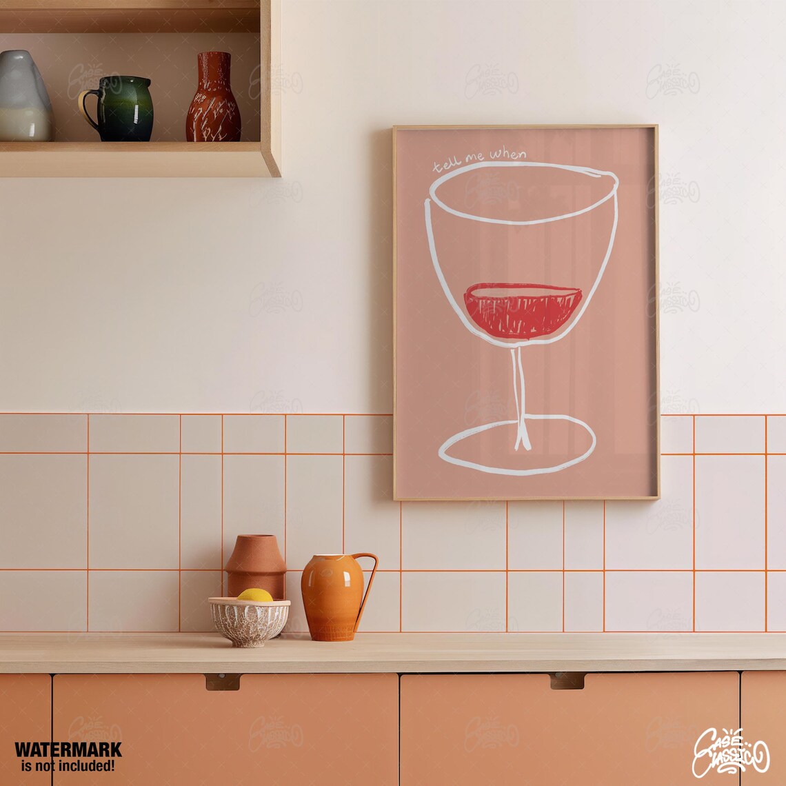 Tell Me When Wine Glass Line Art Peach Bar Cart Decor Poster - Image 4