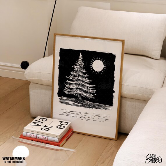 White Pine Tree and Radiant Sun on Black Bold Winter Night Poster