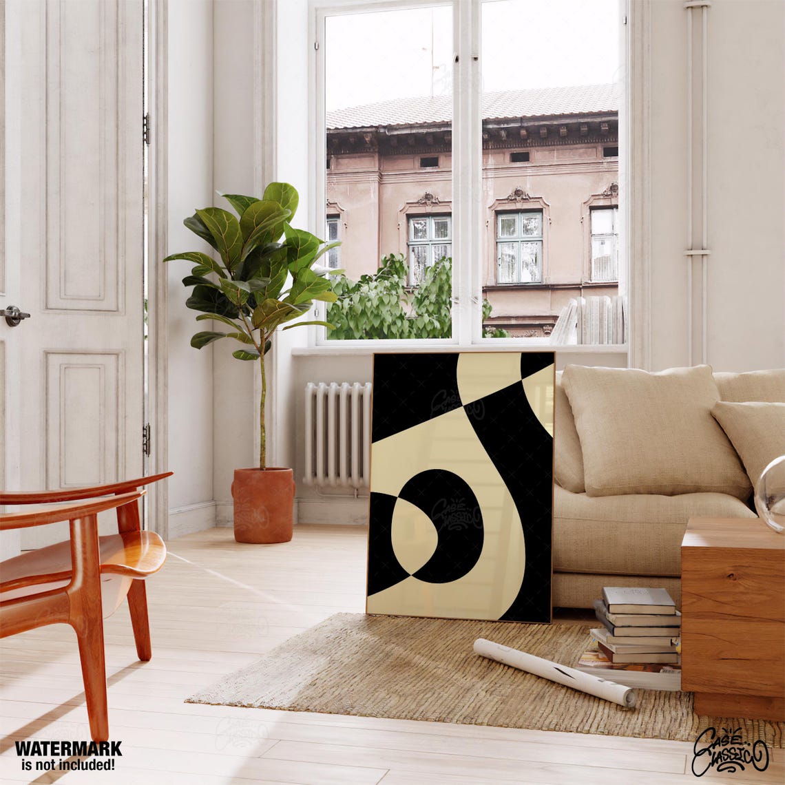 Black and Cream Wavy Checkerboard Abstract Modern Art Poster - Image 2
