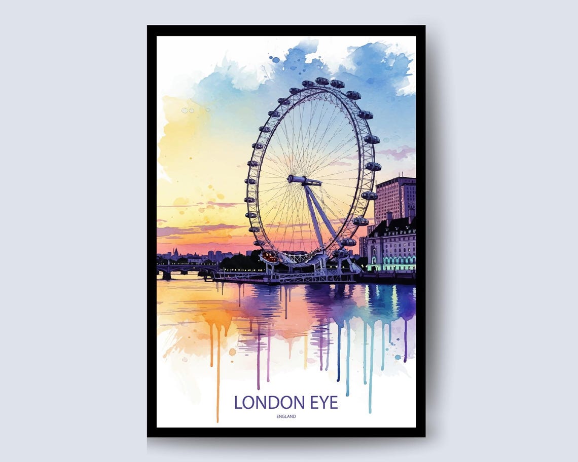 London Eye Sunset Watercolor Ferris Wheel Thames River Poster