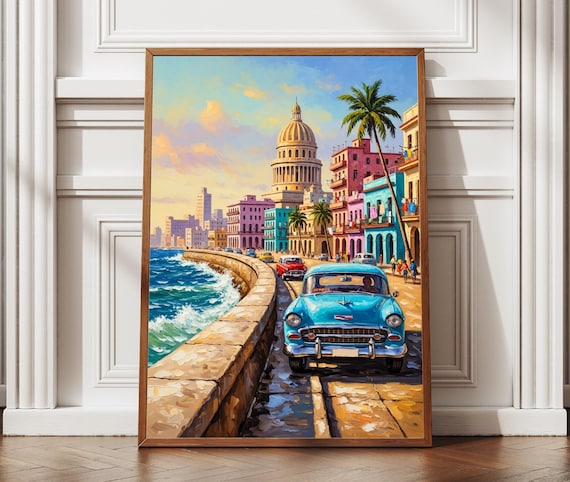Havana Cuba Malecon Classic Car Colorful Travel Painting Poster