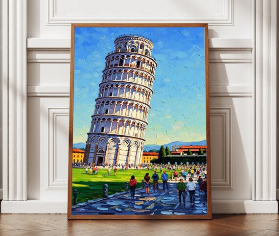Leaning Tower of Pisa Happy Tourists Colorful Oil Painting Poster