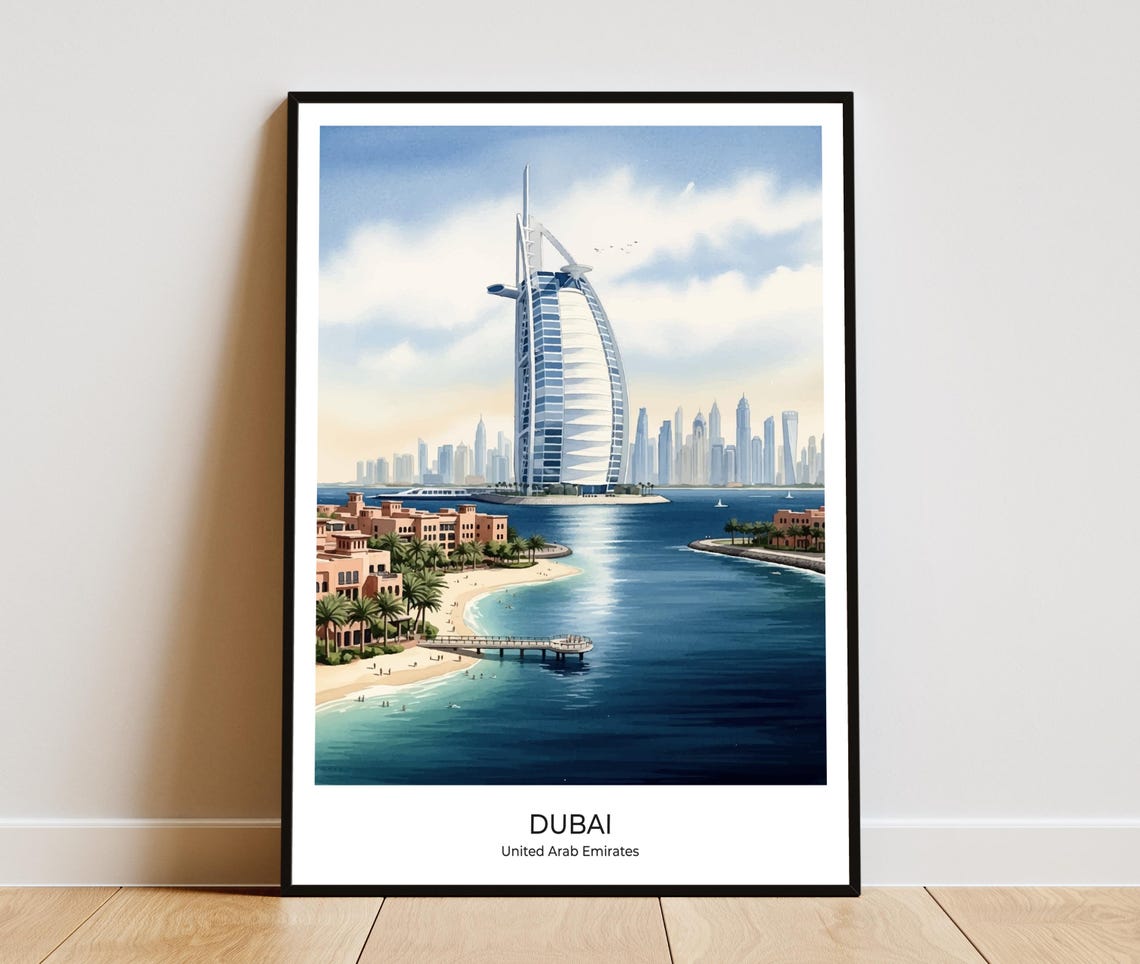 Dubai Burj Al Arab Sail Hotel Skyline Watercolor Travel Poster