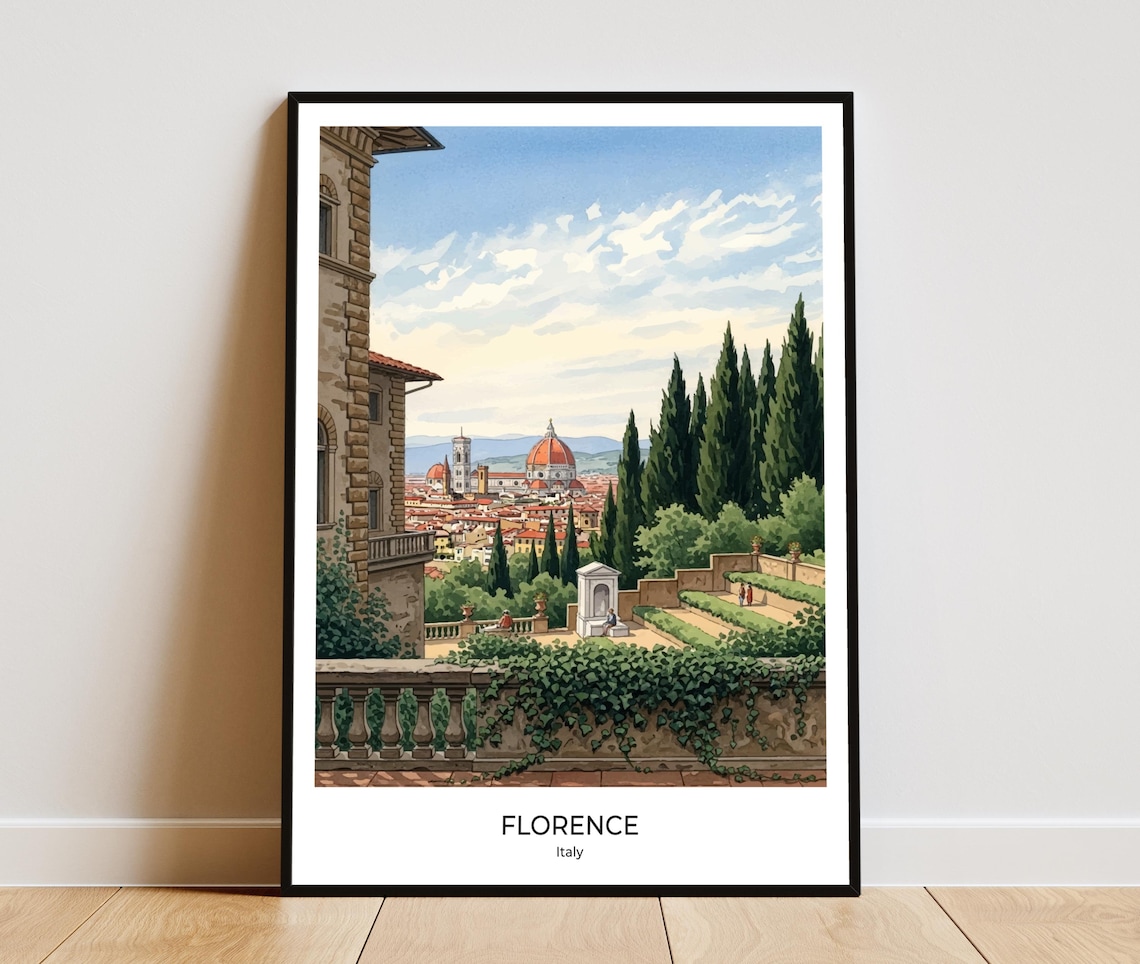 Florence Duomo Cypress Terrace View Watercolor Italy Travel Poster