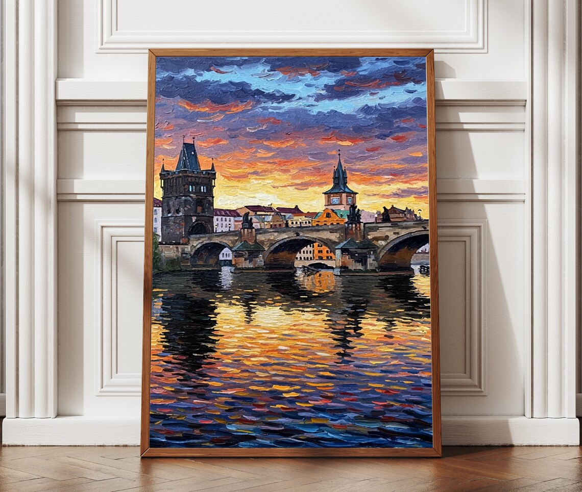 Prague Charles Bridge Sunset Textured Oil Painting River Reflection Poster