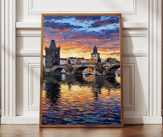 Prague Charles Bridge Sunset Textured Oil Painting River Reflection Poster