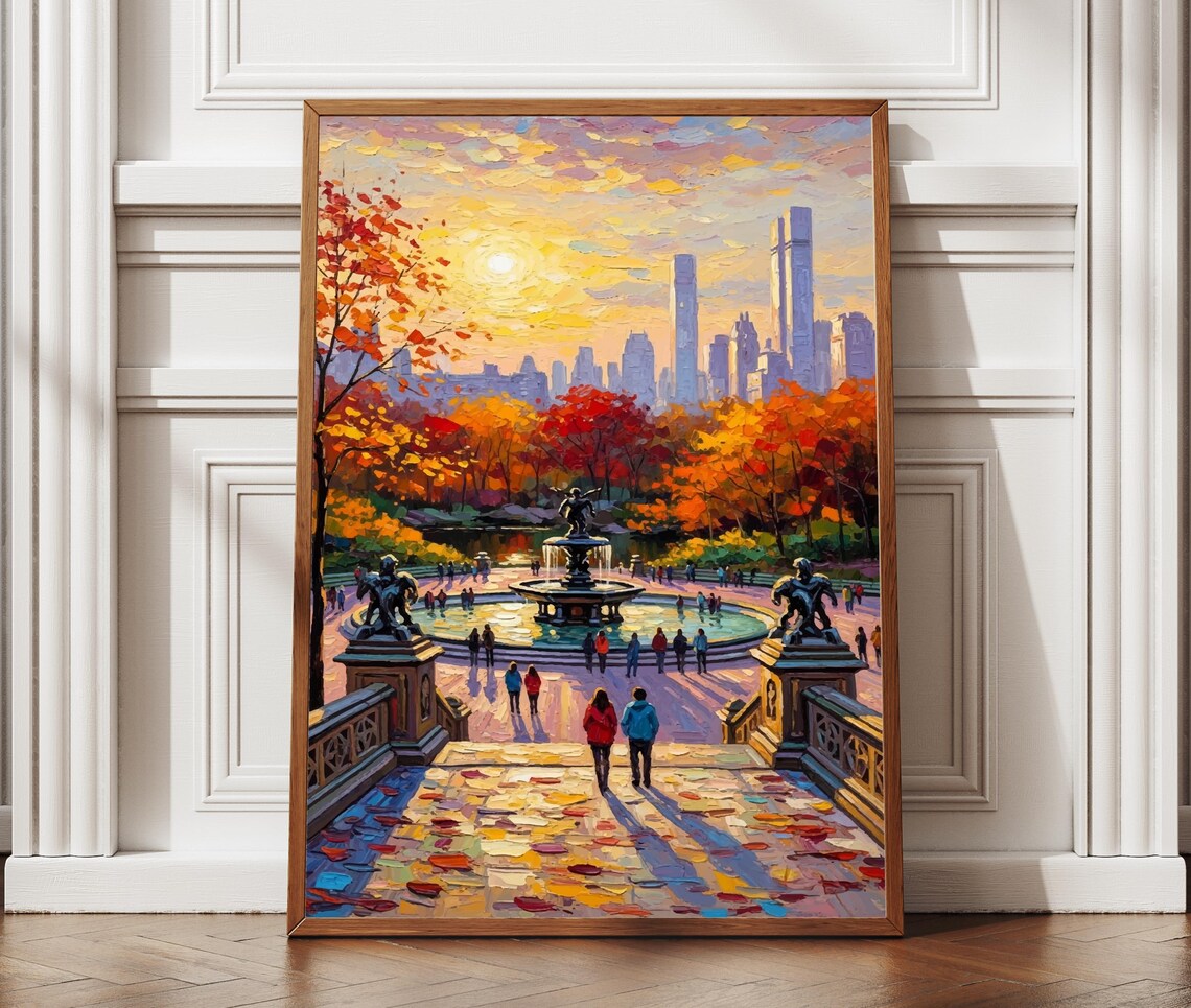 Central Park Fountain Autumn Sunset New York City Skyline Poster