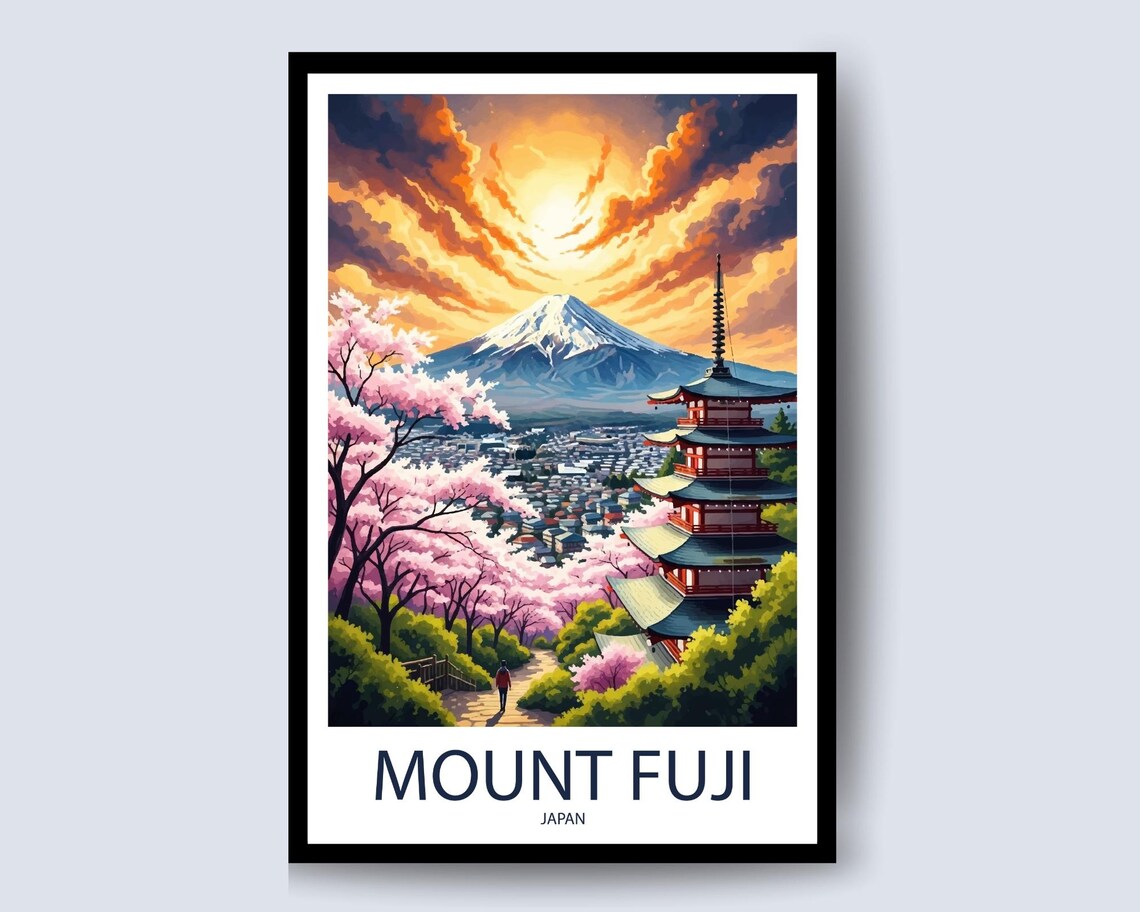 Mount Fuji Japan Pagoda and Cherry Blossom Sunset Travel Poster