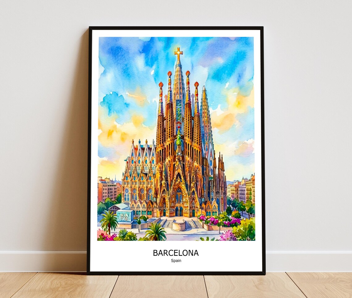 Sagrada Familia Barcelona Spain Watercolor Landmark Travel Wall Poster